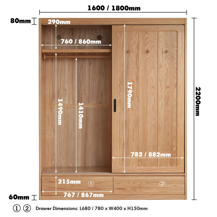 Scandinavian oak wood sliding door wardrobe with drawers align size charts.