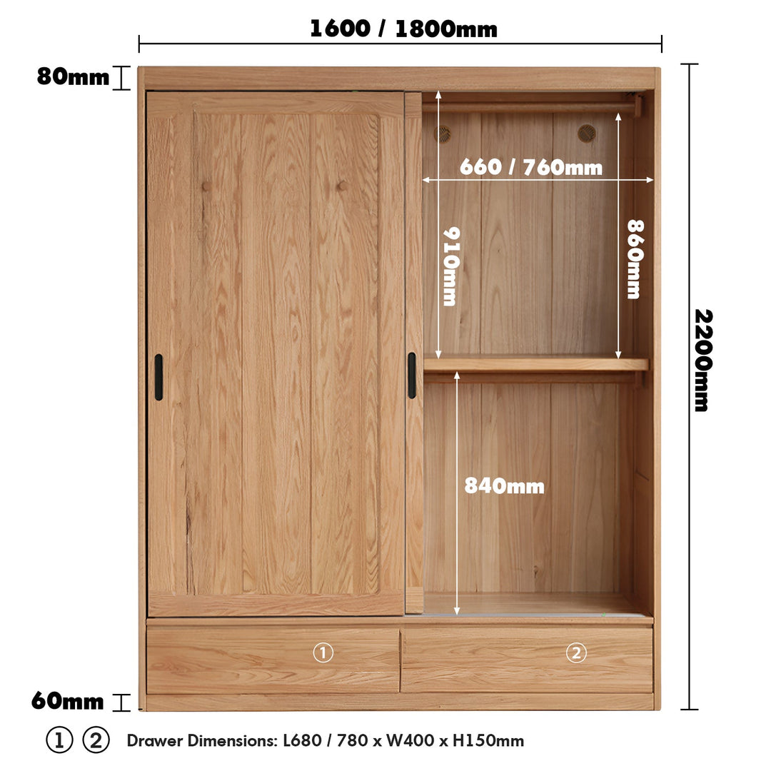 Scandinavian oak wood sliding door wardrobe with drawers align color swatches.