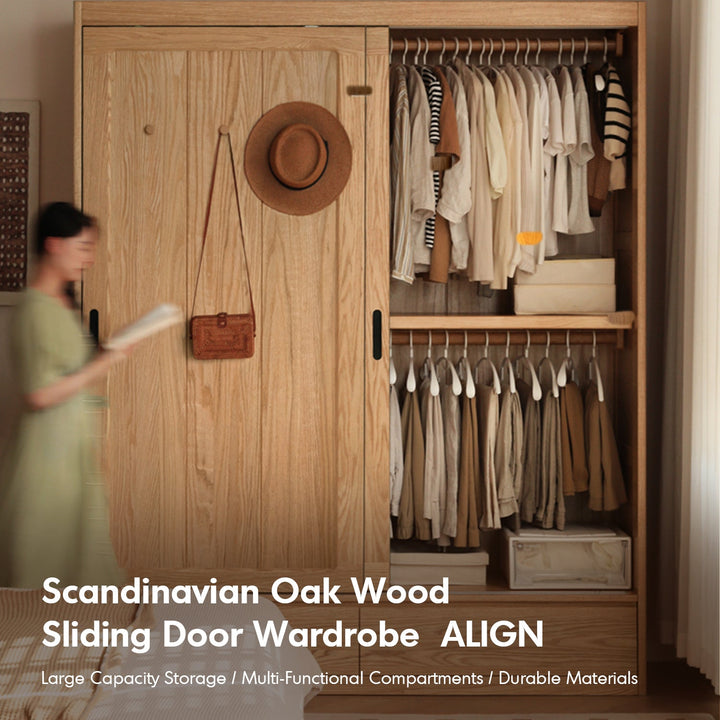 Scandinavian Oak Wood Sliding Door Wardrobe With Drawers ALIGN