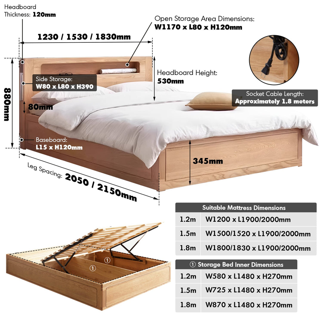 Scandinavian oak wood storage bed cache size charts.