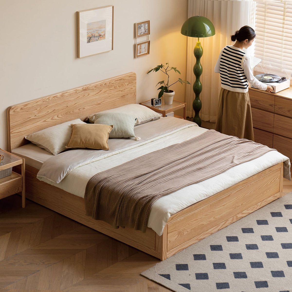 Scandinavian oak wood storage bed solace with context.