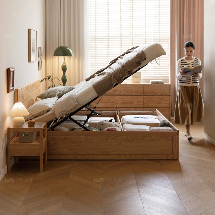 Scandinavian Oak Wood Storage Bed SOLACE