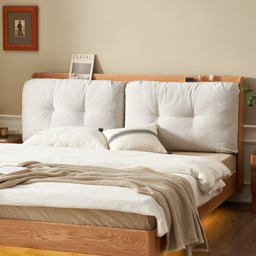 Scandinavian oak wood chenille velvet fabric floating storage bed haven detail 12.