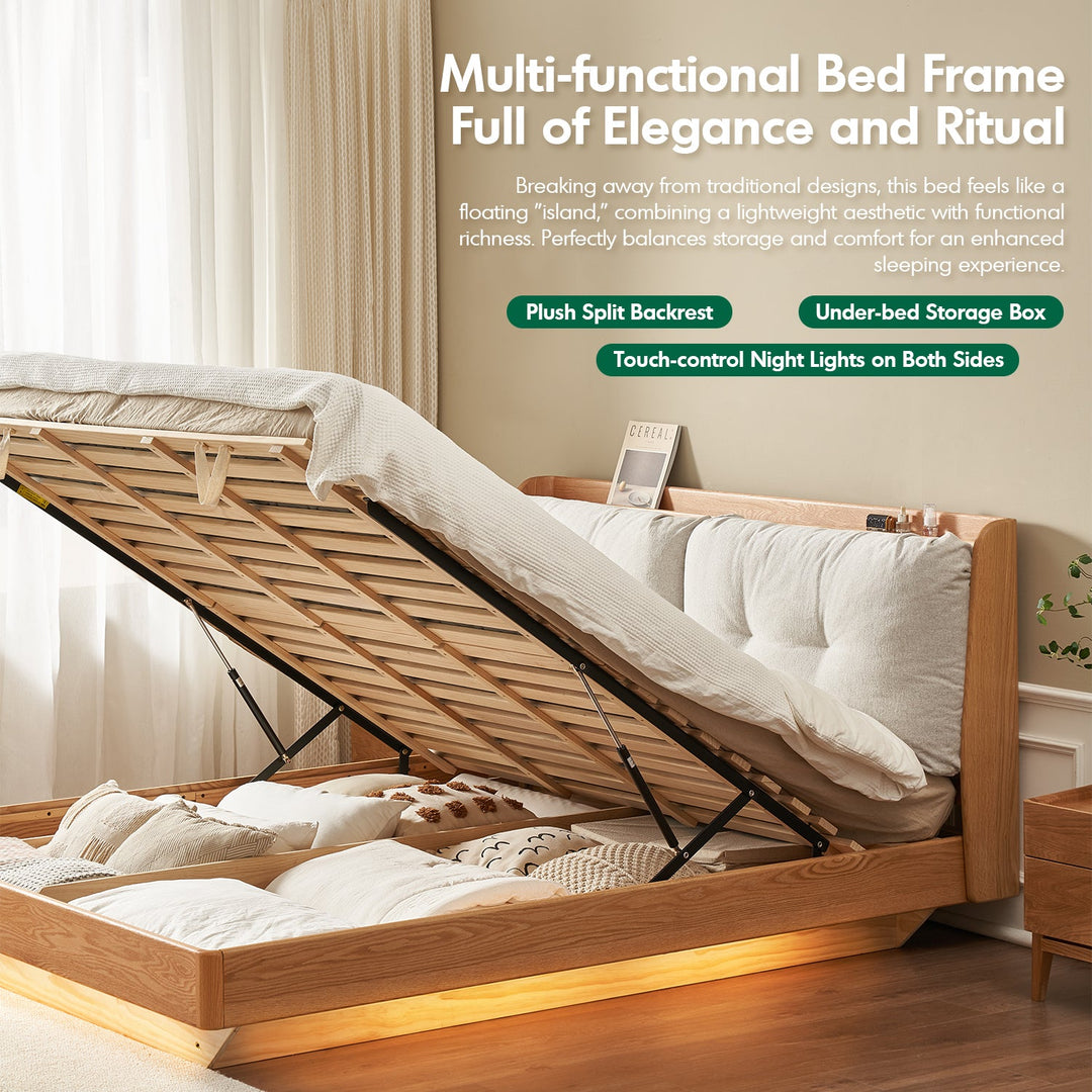 Scandinavian Oak Wood Chenille Velvet Fabric Floating Storage Bed HAVEN