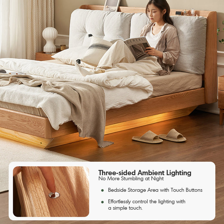 Scandinavian oak wood chenille velvet fabric floating storage bed haven with context.