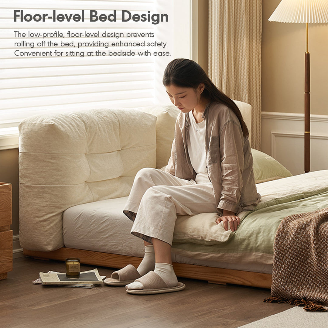 Scandinavian oak wood velvet cat scratch resistant fabric floor tatami bed cloud detail 2.