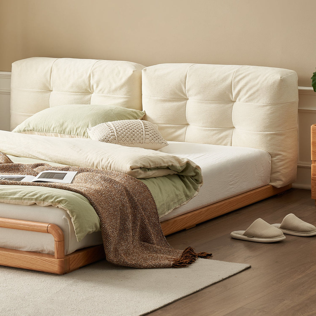 Scandinavian oak wood velvet cat scratch resistant fabric floor tatami bed cloud detail 7.