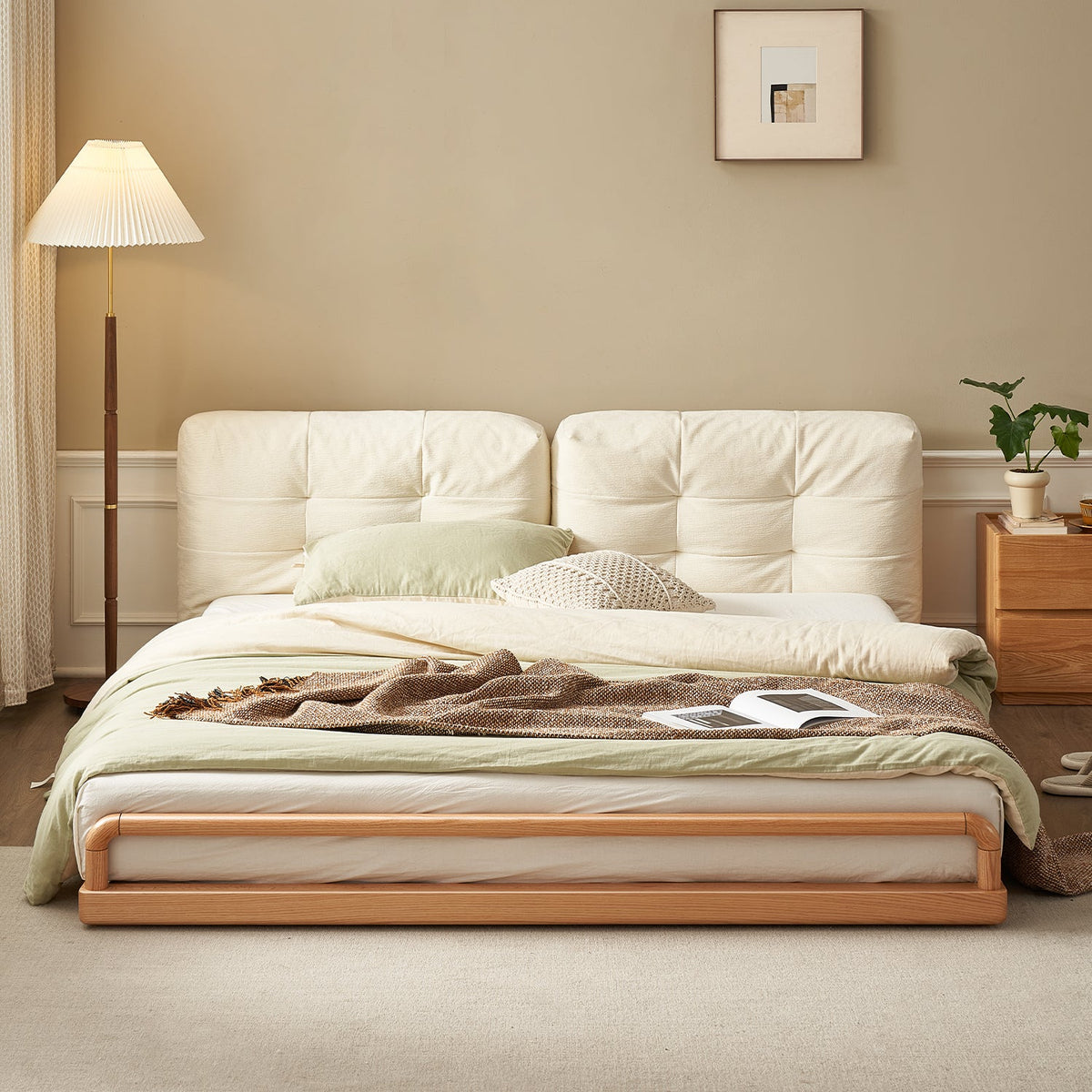 Scandinavian oak wood velvet cat scratch resistant fabric floor tatami bed cloud detail 9.