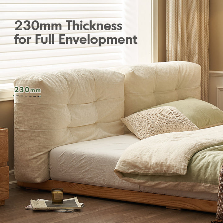 Scandinavian oak wood velvet cat scratch resistant fabric floor tatami bed cloud in details.