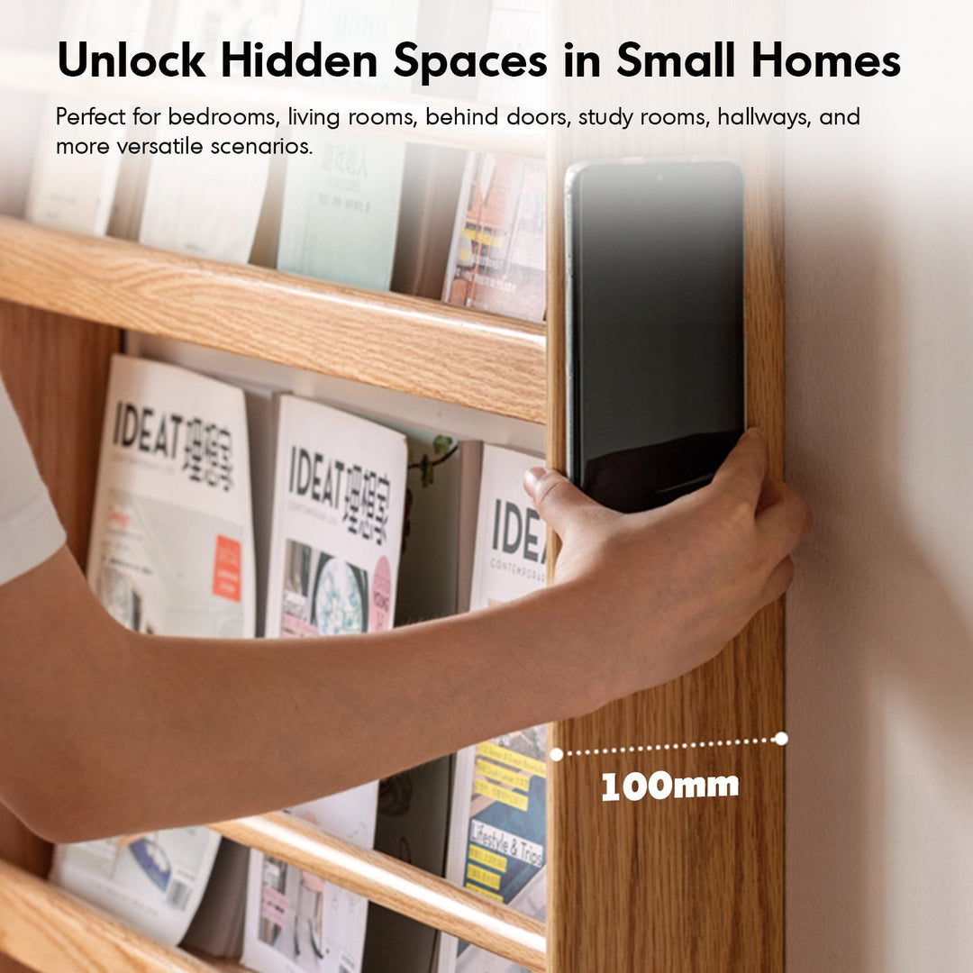 Scandinavian oak wood wall shelf bookshelf spire in close up details.
