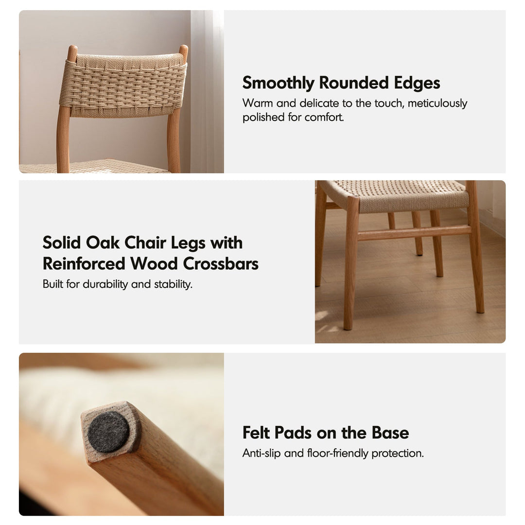 Scandinavian oak wood woven rope dining chair weave situational feels.