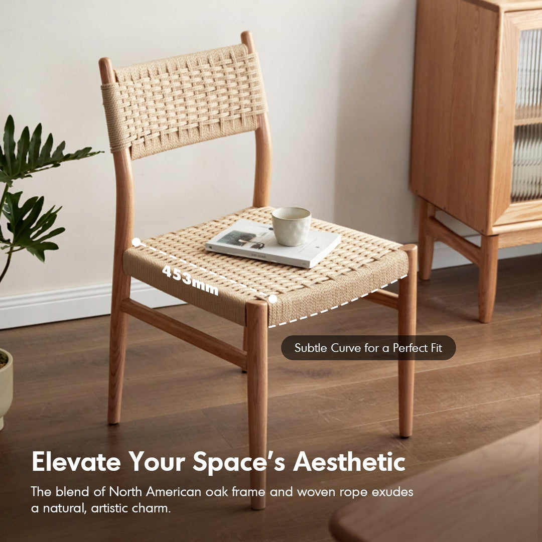 Scandinavian oak wood woven rope dining chair weave in details.