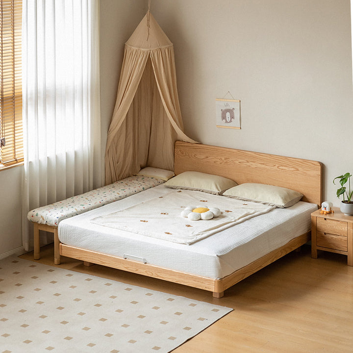 Scandinavian poplar wood extended splicing bed frame with mattress sela layered structure.