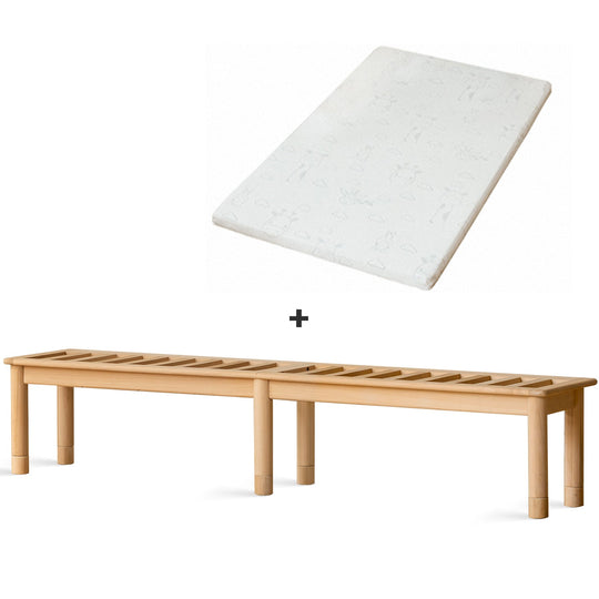 Scandinavian poplar wood extended splicing bed frame with mattress sela in white background.