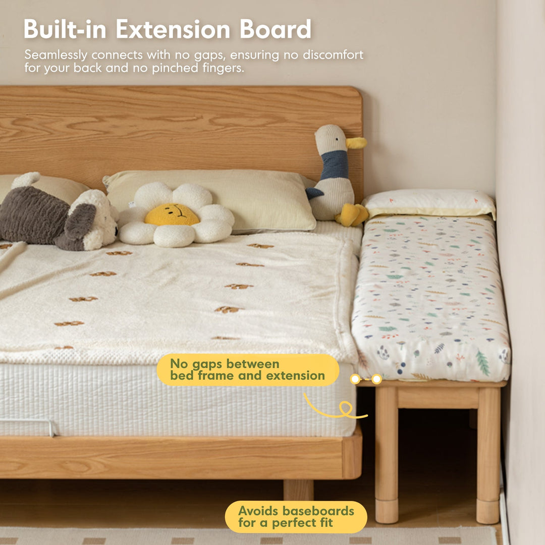 Scandinavian poplar wood extended splicing bed frame with mattress sela in real life style.