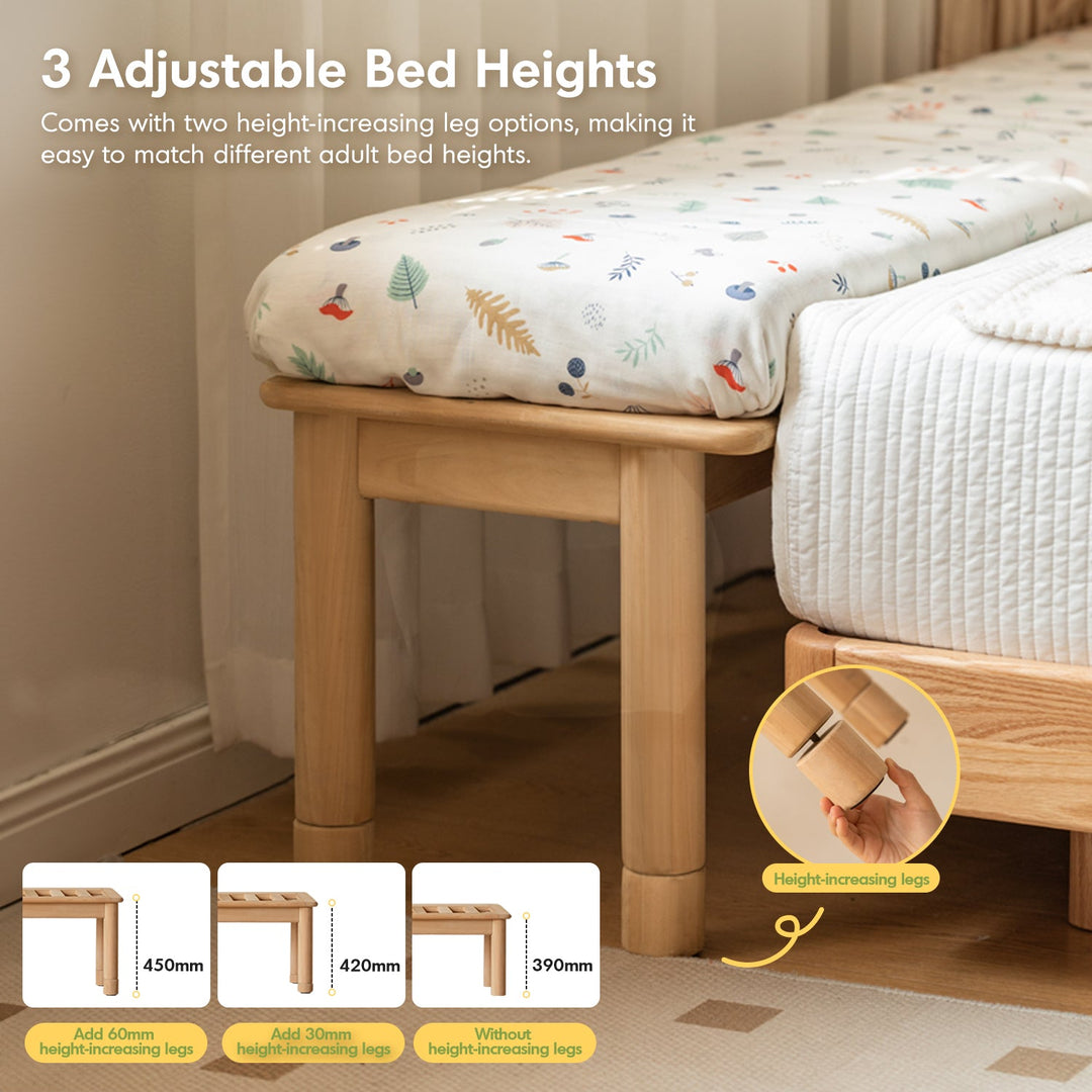 Scandinavian poplar wood extended splicing bed frame with mattress sela in close up details.