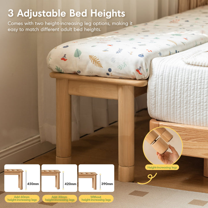 Scandinavian poplar wood extended splicing bed frame with mattress sela in close up details.