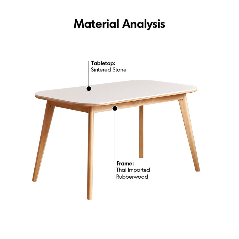 Scandinavian Rubber Wood Sintered Stone Dining Table TERRA Material Details Chart