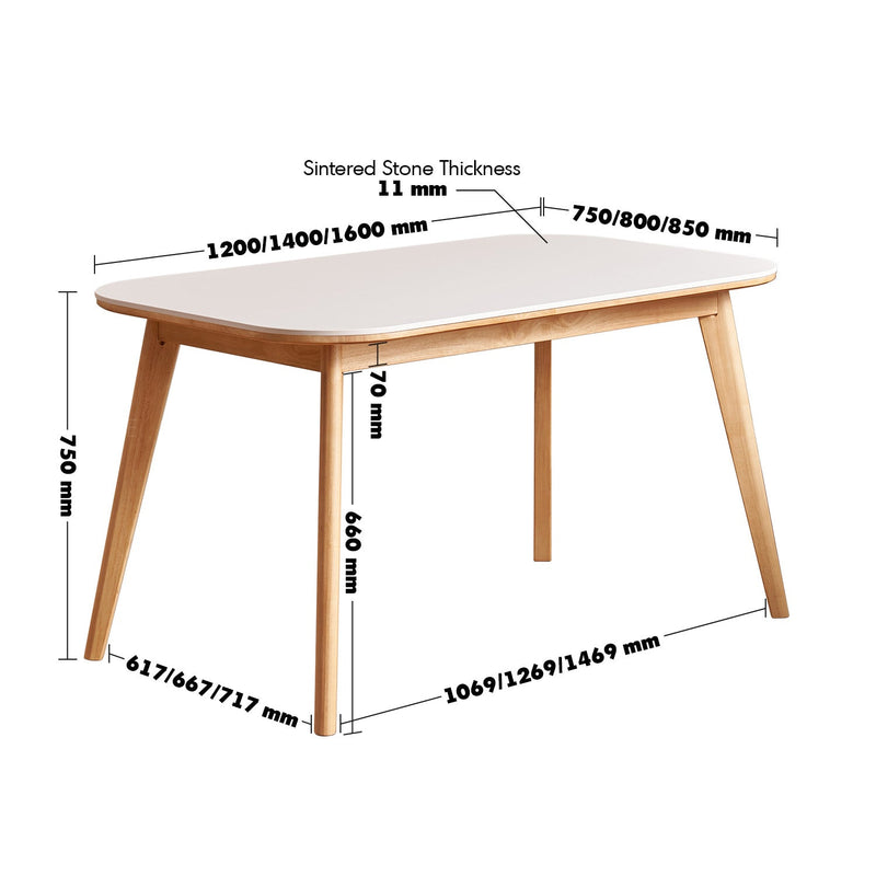 Scandinavian Rubber Wood Sintered Stone Dining Table TERRA Size Chart