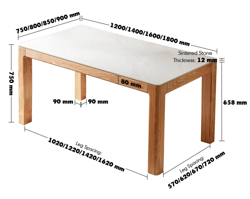 Scandinavian Sintered Stone Dining Table HULK Size Chart