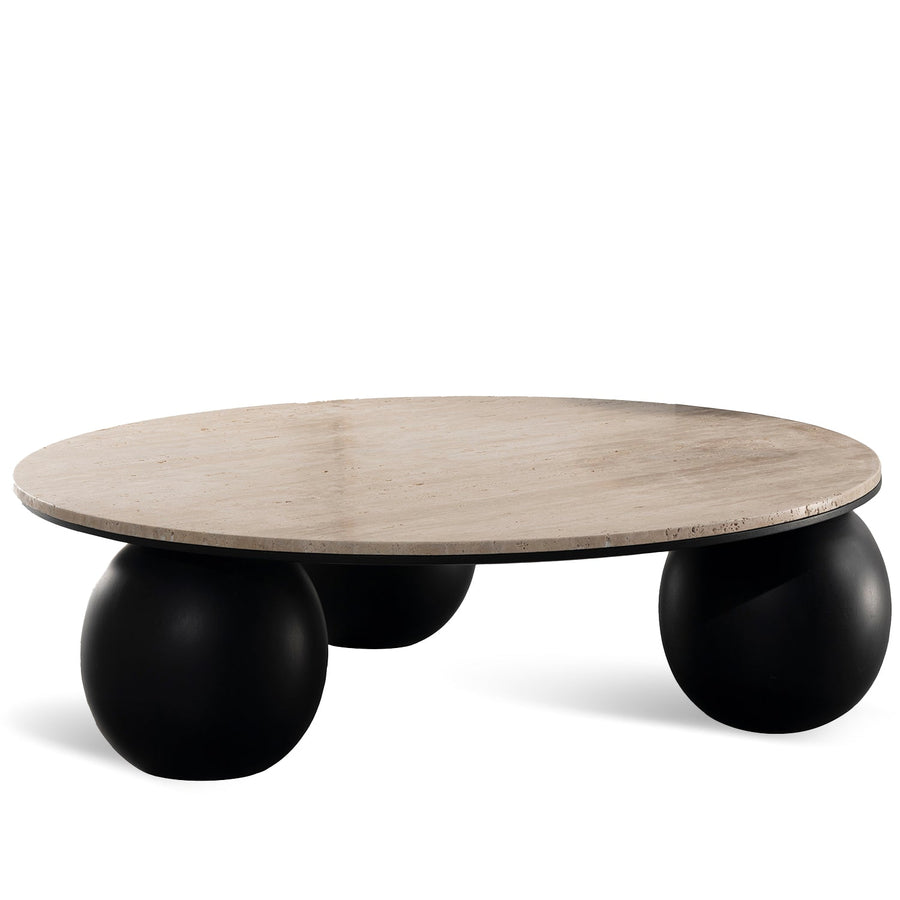 Japandi travertine stone coffee table muckety in white background.