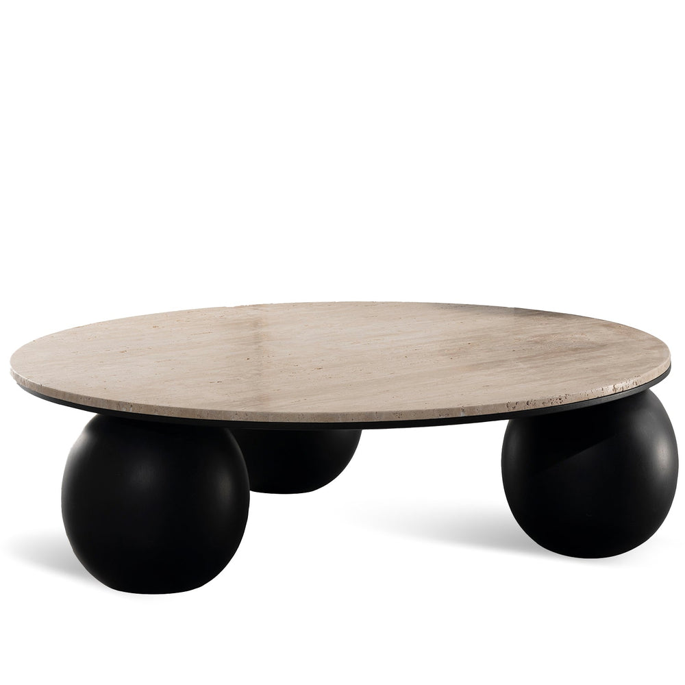 Japandi travertine stone coffee table muckety in white background.