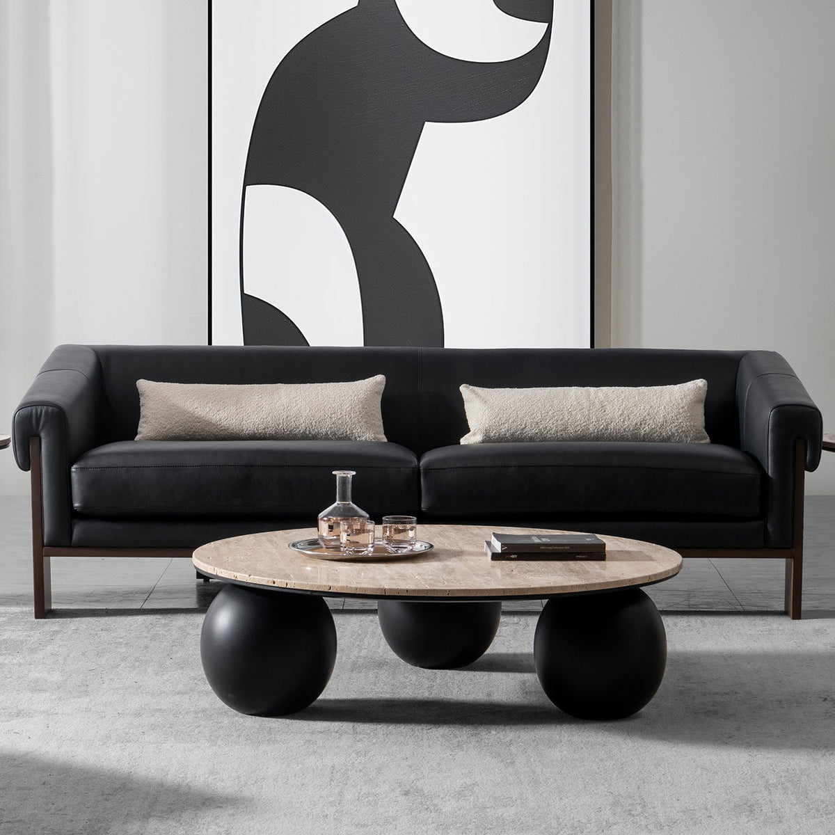 Japandi travertine stone coffee table muckety primary product view.