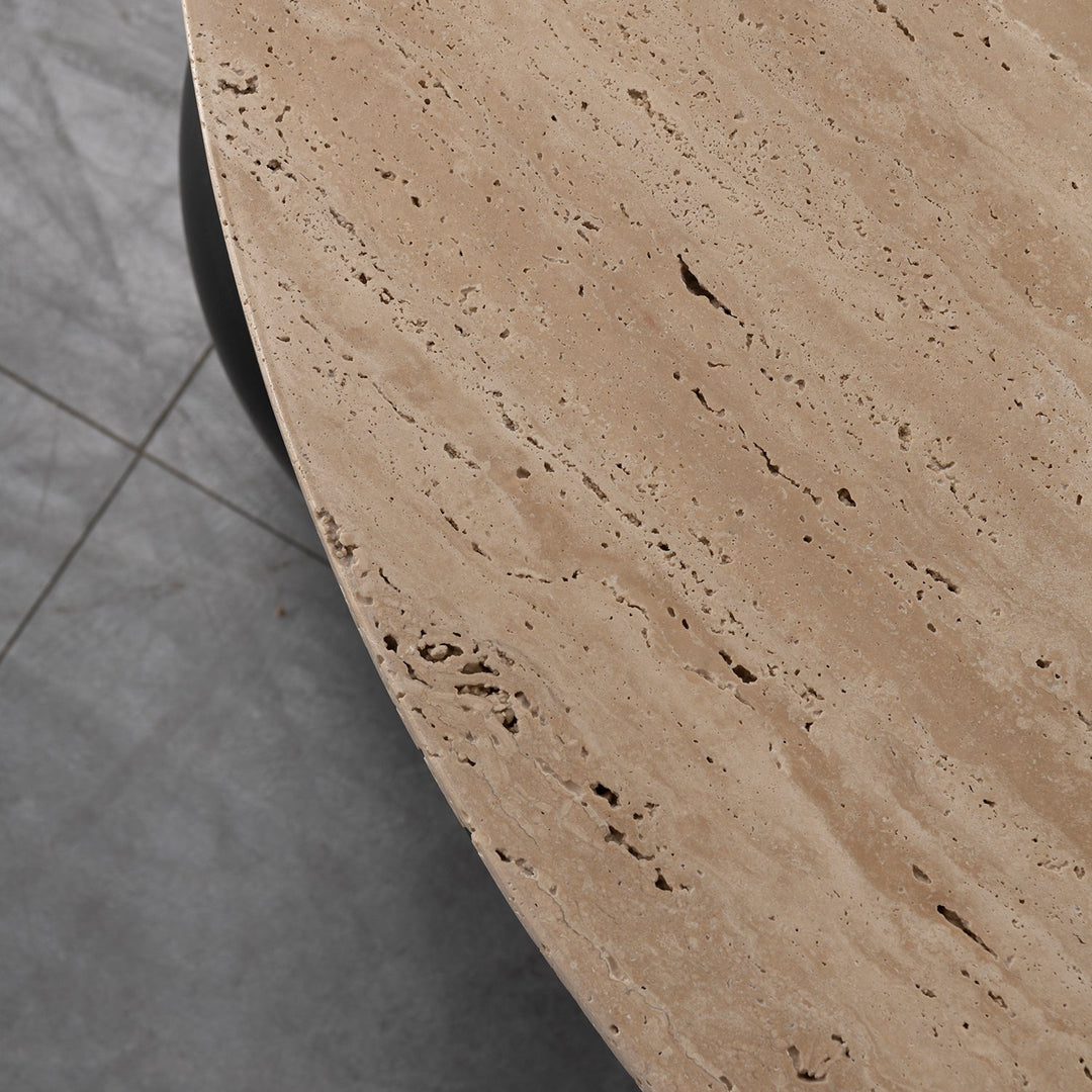 Japandi travertine stone coffee table muckety in real life style.