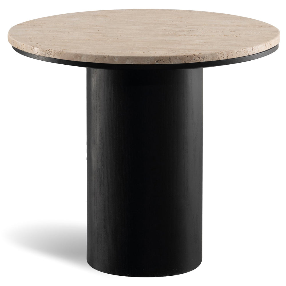 Japandi travertine stone side table muckety in white background.