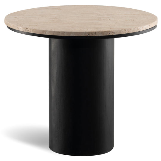 Japandi travertine stone side table muckety in white background.