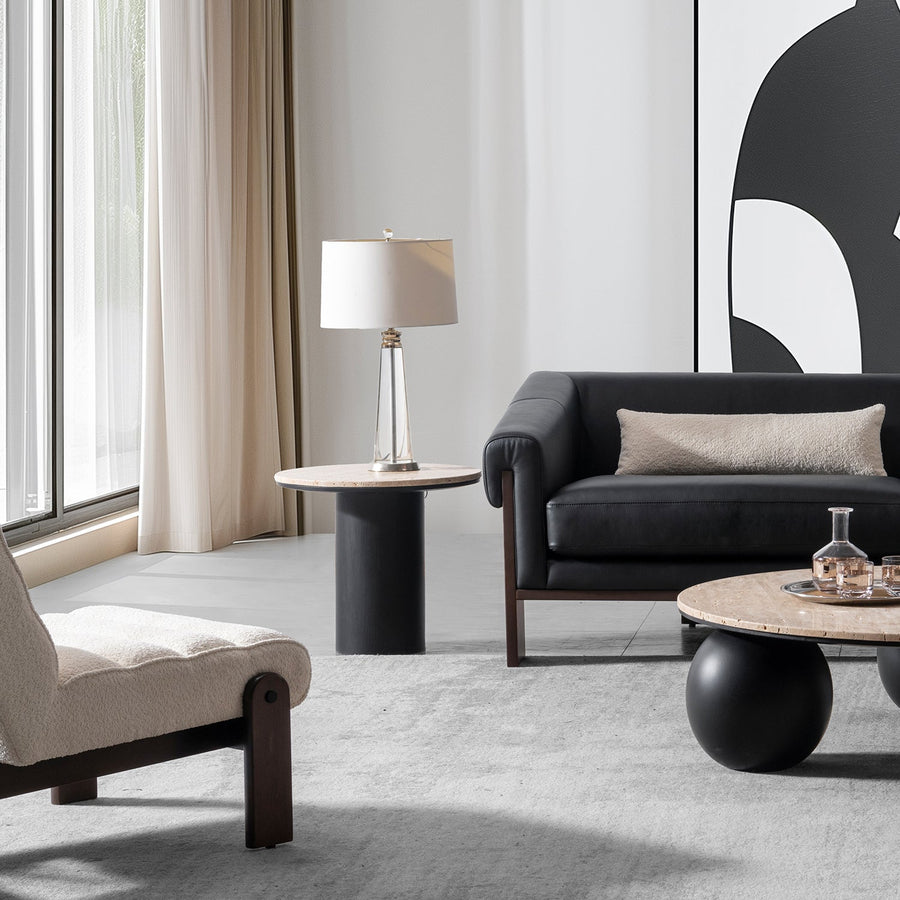 Japandi travertine stone side table muckety primary product view.