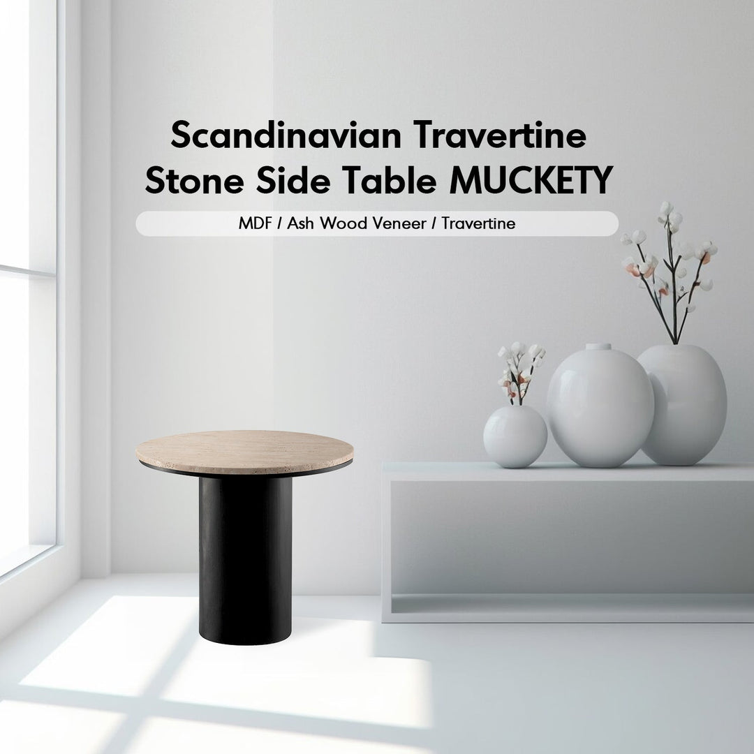 Japandi travertine stone side table muckety material variants.