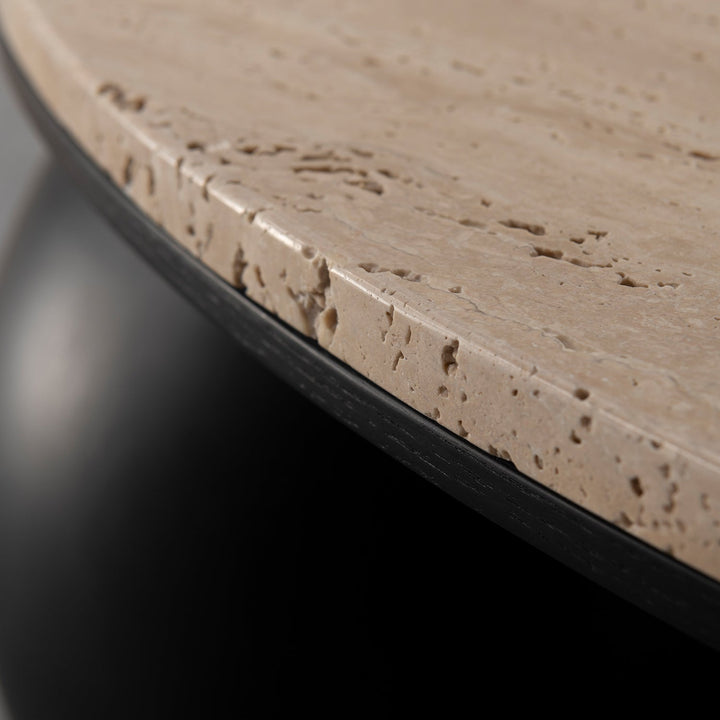 Japandi travertine stone side table muckety with context.