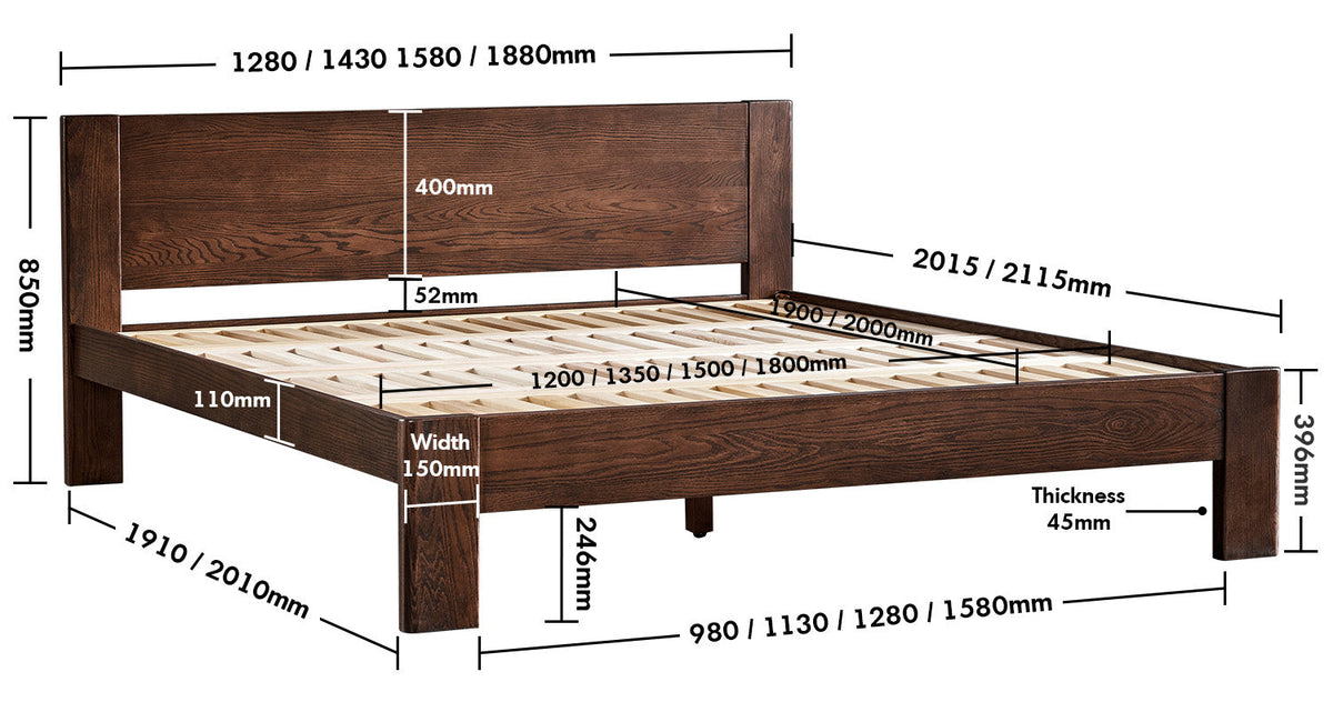 Scandinavian Oak Wood Bed VELORA Size Chart