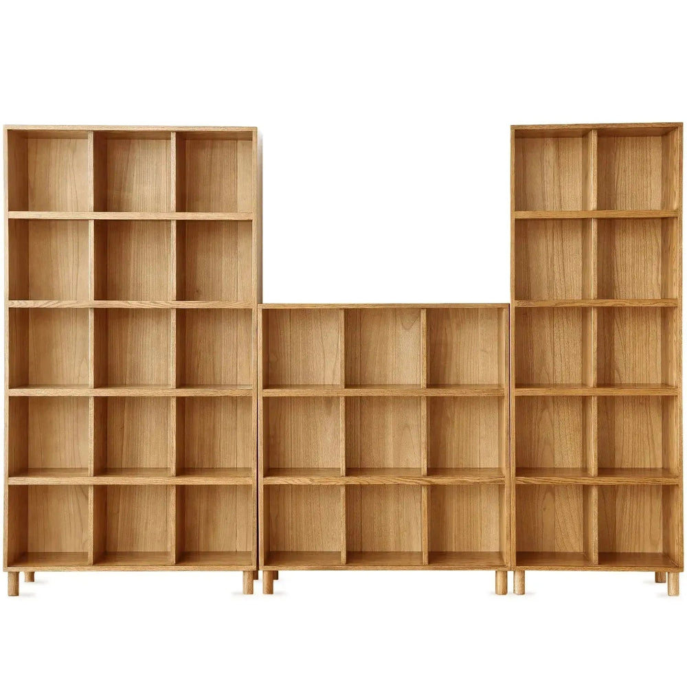 Scandinavian oak wood bookshelf gerin in white background.