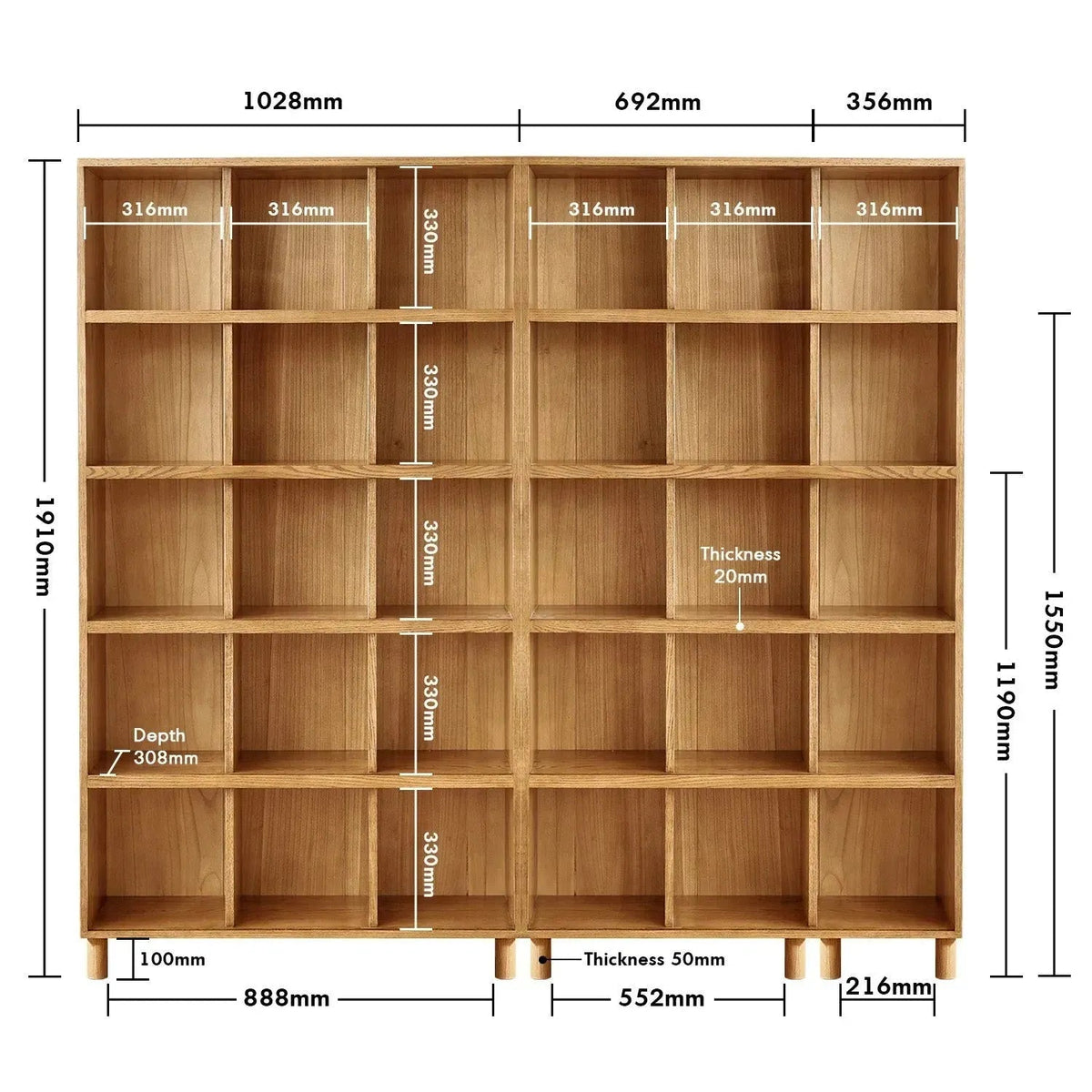 Scandinavian oak wood bookshelf gerin size charts.