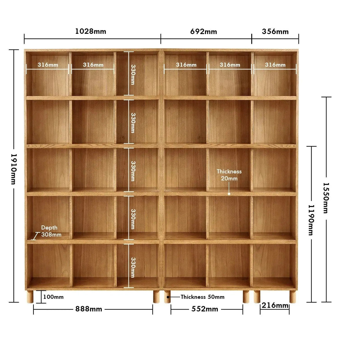 Scandinavian oak wood bookshelf gerin size charts.