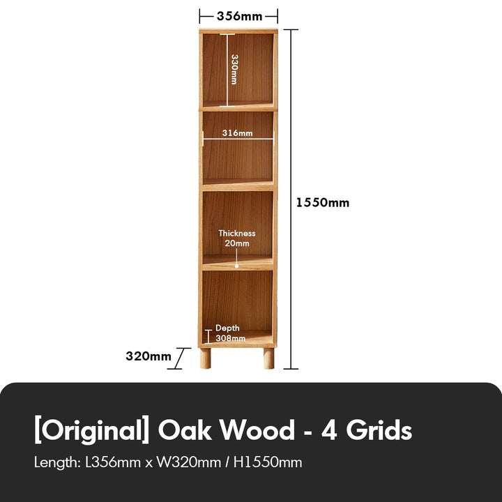 Scandinavian oak wood bookshelf gerin in panoramic view.
