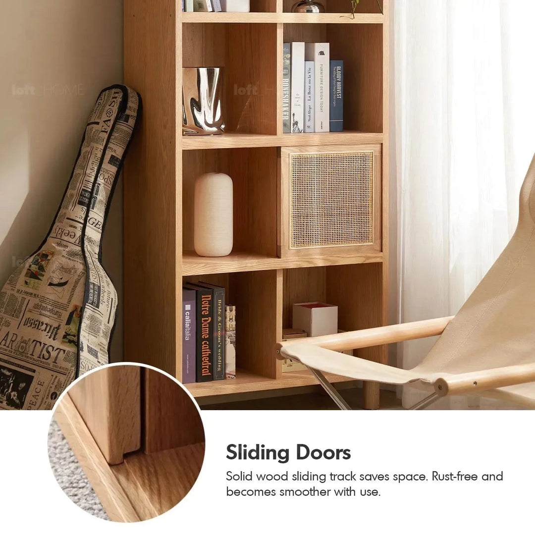 Scandinavian oak wood shelf bookshelf optional door gerin in close up details.