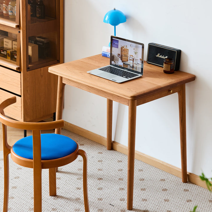 Scandinavian cherry wood dining table forest in panoramic view.