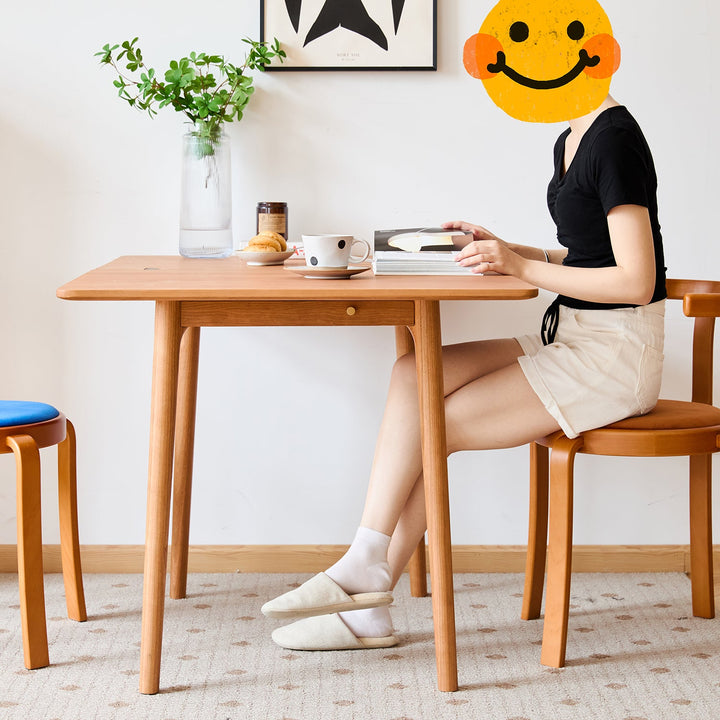 Scandinavian cherry wood dining table forest in real life style.