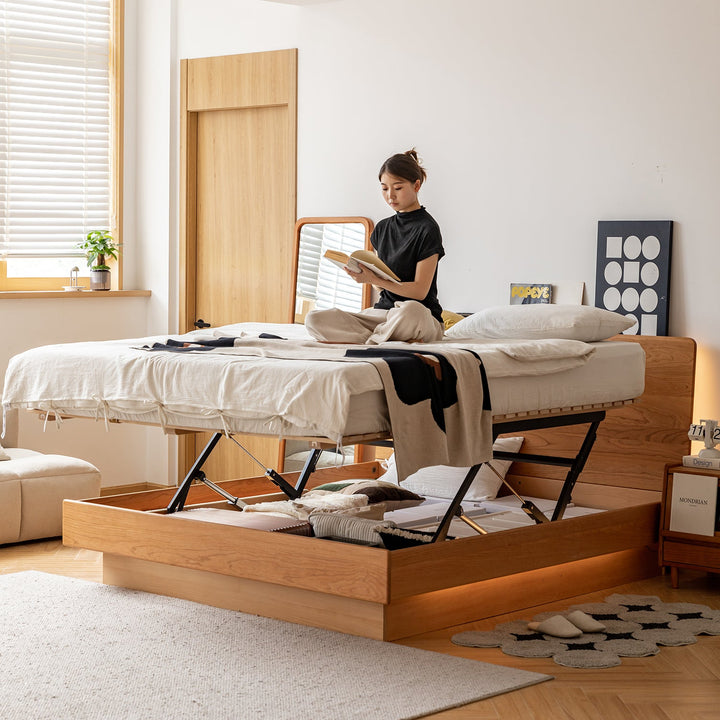 Scandinavian Cherry Wood Electric Lift-Up Storage Bed COASTAL