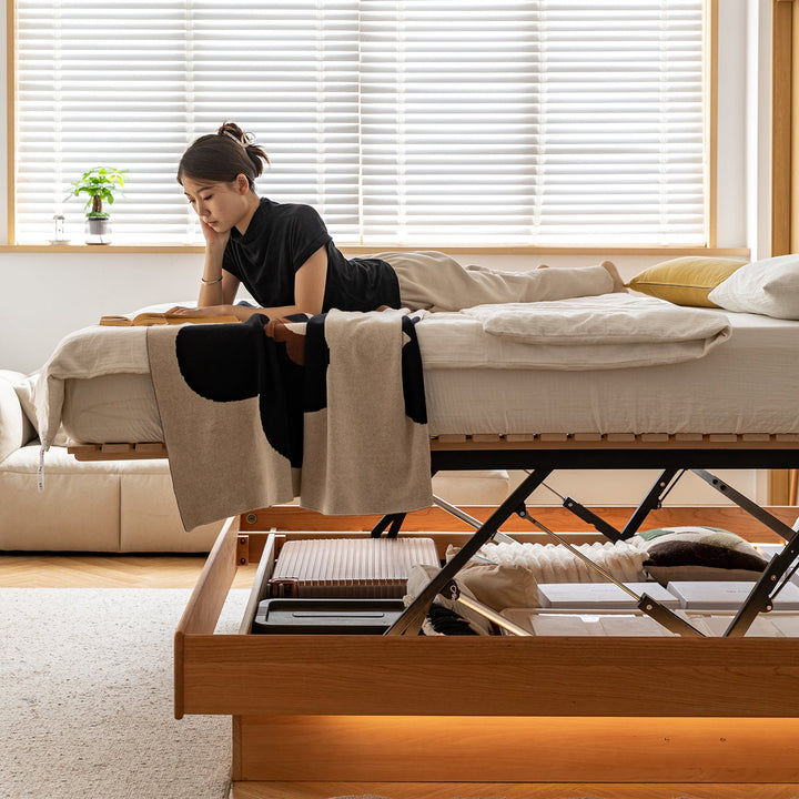 Scandinavian Cherry Wood Electric Lift-Up Storage Bed COASTAL