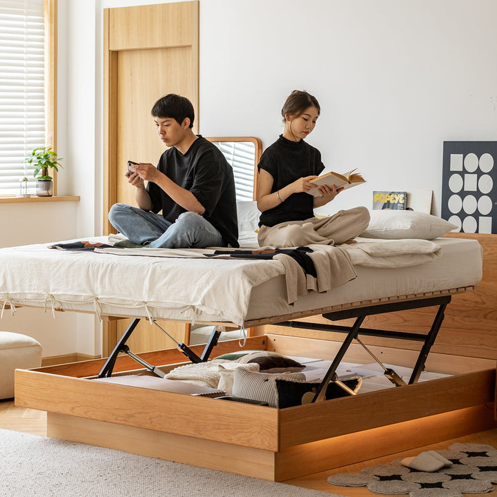 Scandinavian Cherry Wood Electric Lift-Up Storage Bed COASTAL