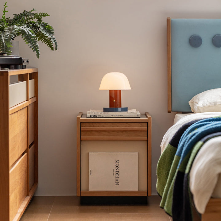 Scandinavian cherry wood side table timeless in still life.