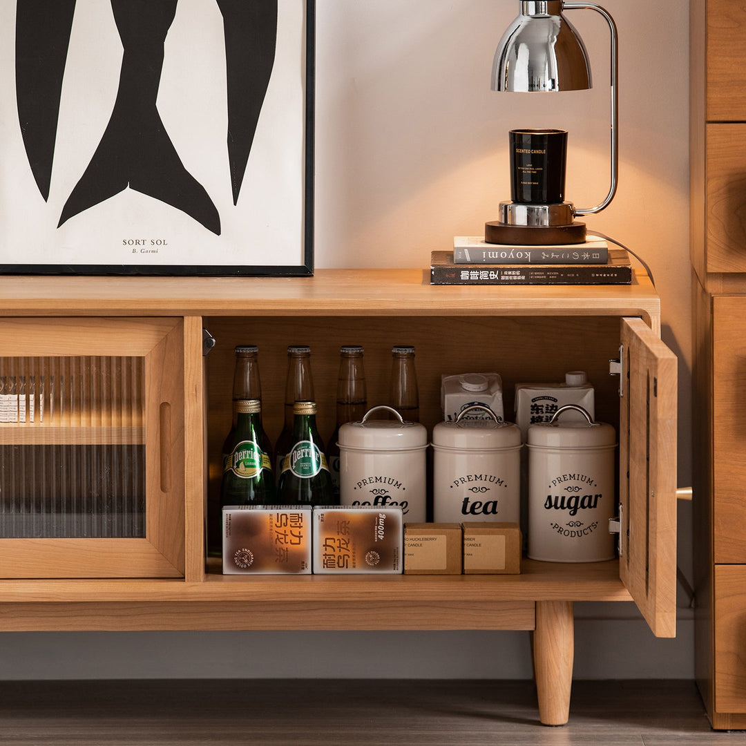 Scandinavian cherry wood tv console green conceptual design.