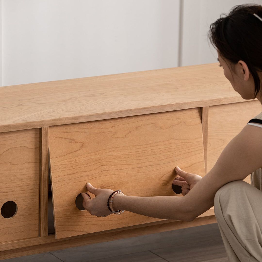 Scandinavian cherry wood tv console green detail 1.