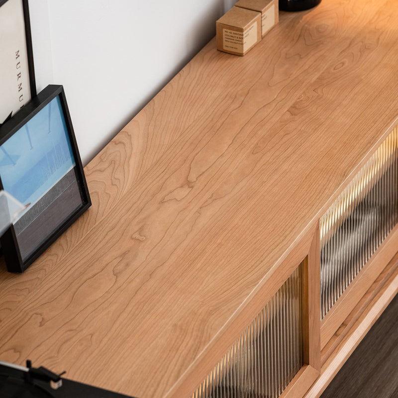 Scandinavian cherry wood tv console green material variants.