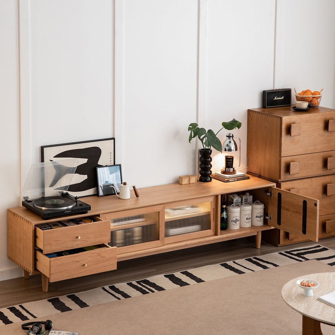 Scandinavian cherry wood tv console green in details.