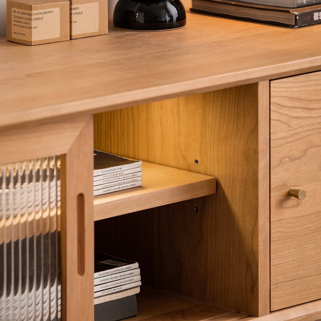 Scandinavian cherry wood tv console green in panoramic view.